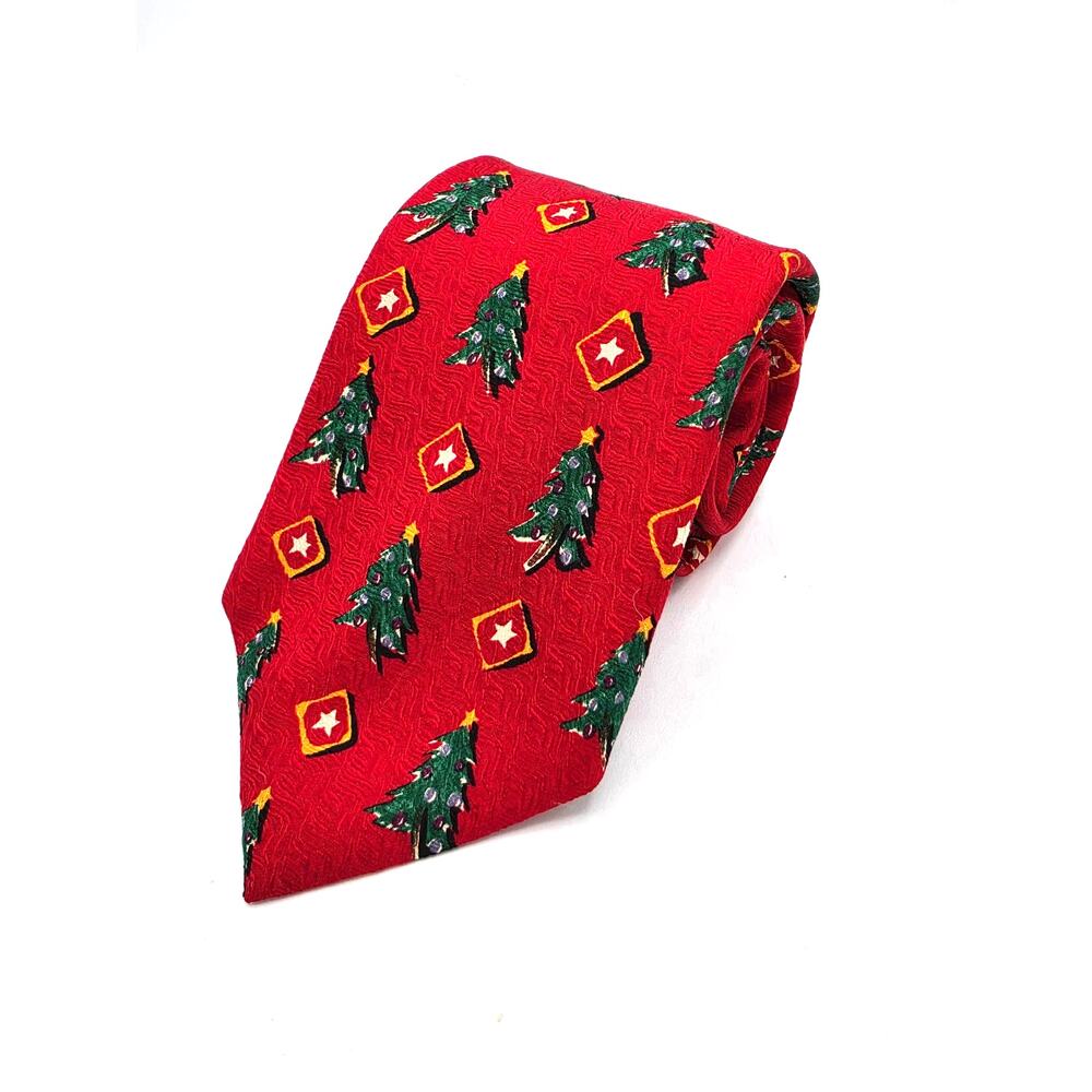VTG Lands End Vintage Christmas Trees Stars Red Silk Hand Sewn Men's Necktie 63"